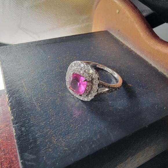 Glamorous Rhodium-Plated Size 9 Ring with Pink Gemstone and Pave Accents - Picture 4 of 16